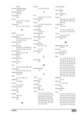 Indeks 229
29, 30
Format Polygon Symbol
107, 126, 139
Format Symbol
99, 130
Foto Udara
222
Frame
3, 144, 191, 193, 204,
206, 220
Full Extent
6, 12, 13, 39, 193, 222
G
Gallery
24, 126, 127
Geodatabase
28, 47, 48, 49, 50, 51, 55,
73, 74, 92, 222
Geometry Type
52
Geoprocessing
36, 50, 52, 76, 88, 90, 91,
155, 158, 166, 175, 184
Georeference
60, 63, 66, 67, 222
Georektifikasi
222
Global identifies
47
Go to previous
13
GPS
57, 58, 66, 119, 222, 225
Graduated
133, 134, 135, 137, 140
Graduated Colors
133, 134
Grid
11, 195, 196, 197
Gridcode
96, 98, 99
Group
21, 22, 128
Grouping Layers
21
Guidelines
190
Guides
190, 191
Guides Line
191
H
Hollow
61, 103, 138, 139
I
Icon
10, 34, 45, 76, 77, 79
Icon Tools Box
36
Image
4, 9, 10, 57, 60, 63, 66
Image Raster
16
Import Data
53, 54, 71
Import Feature
28
Insert New Layout
189
Internet
214
is Greater Than
169, 171, 183
ISO
33, 222
Item Details
17
J
Joint Tabel
176
K
Koordinat Peta
195
L
Label
92, 93
Label Class
93
Labelling
92, 93
Landscape
189, 194
Layer
4, 6, 7, 8, 11, 14, 23, 29,
31, 32, 34, 39, 61, 62, 72,
86, 88, 90, 92, 96, 102,
122, 130, 132, 150, 154,
158, 159, 160, 170, 175,
177, 178, 181, 184, 188,
212, 215, 223
Layer Desktop
2
Layer Image
9, 57
Layer Transparan
130
Layout
189, 190, 191, 192, 193,
194, 195, 202, 203, 205,
209, 210
Layout View
191, 195
Line
5, 6, 8, 11, 14, 24, 106,
112, 113, 143, 191, 223
Locate
16, 17, 150, 151
Location Settings
194
M
Make XY Event Layer
88, 175
Manage
45, 46, 216
Manage Template
45, 46
Map
1, 2, 4, 10, 11, 13, 16, 18,
19, 29, 31, 39, 40, 41, 44,
53, 55, 59, 60, 61, 62, 64,
69, 70, 72, 76, 78, 86, 90,
95, 96, 102, 111, 122,
123, 136, 149, 153, 154,
157, 165, 170, 172, 173,
174, 175, 176, 183, 184,
191, 193, 194, 196, 204,
206, 212, 213, 214, 215,
219, 220, 221, 223, 225
MapInfo
71, 92
Map Tips
1, 4, 16, 223
Marking
119
Measured Grid
195
Menu
10, 16, 17, 18, 23, 24, 33,
34, 35, 36, 39, 42, 43, 44,
45, 48, 60, 61, 63, 66, 68,
69, 72, 73, 77, 78, 79, 85,
86, 93, 95, 97, 102, 104,
107, 109, 112, 115, 119,
122, 123, 127, 131, 134,
 