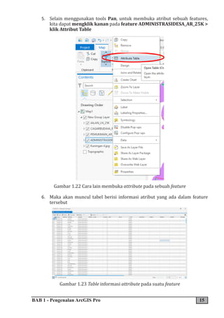BAB 1 - Pengenalan ArcGIS Pro 15
5. Selain menggunakan tools Pan, untuk membuka atribut sebuah features,
kita dapat mengklik kanan pada feature ADMINISTRASIDESA_AR_25K >
klik Attribut Table
Gambar 1.22 Cara lain membuka attribute pada sebuah feature
6. Maka akan muncul tabel berisi informasi atribut yang ada dalam feature
tersebut
Gambar 1.23 Table informasi attribute pada suatu feature
 