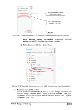 BAB 2 - Pengantar Catalog 51
Gambar 2.40 Membuat nama dan mengatur Coordinate system feature dataset
Perlu diingat: Dalam melakukan penamaan didalam
Geodatabase tidak boleh menggunakan spacing
3) Maka akan muncul feature dataset baru
Gambar 2.41 Tampilan feature dataset yang telah ditambahkan pada Geodatabase
4. Membuat Feature Class Baru
Setelah membuat Feature Dataset, maka anda perlu mengisi feature dataset
tersebut dengan Feature Class. Untuk membuat Feature Class baru,
langkahnya hampir mirip dengan membuat feature dataset baru. Langkah-
langkahnya antara lain:
 
