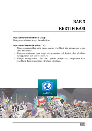 57
BAB 3
REKTIFIKASI
Tujuan Instruksional Umum (TIU):
Mampu menjelaskan pengertian rektifikasi.
Tujuan Instruksional Khusus (TIK):
• Mampu menampilkan data raster, proses rektifikasi, dan menyiapan semua
layer data spasial.
• Mampu menyiapkan layer image, menambahkan titik kontrol, dan rektifikasi
menggunakan titik kontrol dari GPS.
• Mampu menggunakan tabel data, proses pengaturan, menyimpan hasil
rektifikasi, dan menampilkan citra hasil rektifikasi.
 