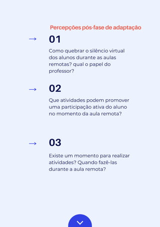 02
Que atividades podem promover
uma participação ativa do aluno
no momento da aula remota?
01
Como quebrar o silêncio virtual
dos alunos durante as aulas
remotas? qual o papel do
professor?
03
Existe um momento para realizar
atividades? Quando fazê-las
durante a aula remota?
Percepções pós-fase de adaptação
 