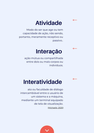 Interação
ação mútua ou compartilhada
entre dois ou mais corpos ou
indivíduos.
Atividade
Modo do ser que age ou tem
capacidade de ação, não sendo,
portanto, meramente receptivo ou
passivo..
Interatividade
ato ou faculdade de diálogo
intercambiável entre o usuário de
um sistema e a máquina,
mediante um terminal equipado
de tela de visualização.
(Michaelis, 2020)
 