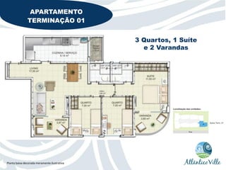APARTAMENTO
               TERMINAÇÃO 01


                                              3 Quartos, 1 Suíte
                                                e 2 Varandas




Planta baixa decorada meramente ilustrativa
 