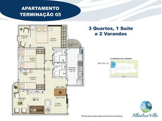 APARTAMENTO
TERMINAÇÃO 05


                       3 Quartos, 1 Suíte
                         e 2 Varandas




                Planta baixa decorada meramente ilustrativa
 