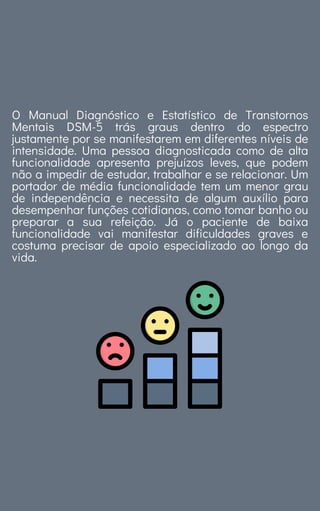 O Manual Diagnóstico e Estatístico de Transtornos
Mentais DSM-5 trás graus dentro do espectro
justamente por se manifestarem em diferentes níveis de
intensidade. Uma pessoa diagnosticada como de alta
funcionalidade apresenta prejuízos leves, que podem
não a impedir de estudar, trabalhar e se relacionar. Um
portador de média funcionalidade tem um menor grau
de independência e necessita de algum auxílio para
desempenhar funções cotidianas, como tomar banho ou
preparar a sua refeição. Já o paciente de baixa
funcionalidade vai manifestar dificuldades graves e
costuma precisar de apoio especializado ao longo da
vida.
 