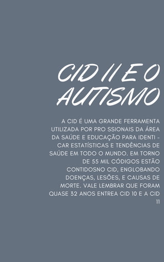 CID 11 E O
AUTISMO
A CID É UMA GRANDE FERRAMENTA
UTILIZADA POR PROSSIONAIS DA ÁREA
DA SAÚDE E EDUCAÇÃO PARA IDENTI-
CAR ESTATÍSTICAS E TENDÊNCIAS DE
SAÚDE EM TODO O MUNDO. EM TORNO
DE 55 MIL CÓDIGOS ESTÃO
CONTIDOSNO CID, ENGLOBANDO
DOENÇAS, LESÕES, E CAUSAS DE
MORTE. VALE LEMBRAR QUE FORAM
QUASE 32 ANOS ENTREA CID 10 E A CID
11
 