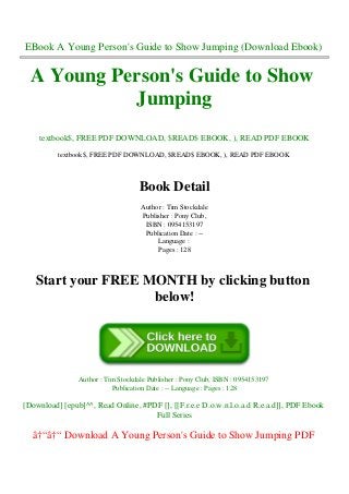 EBook A Young Person's Guide to Show Jumping (Download Ebook)
A Young Person's Guide to Show
Jumping
textbook$, FREE PDF DOWNLOAD, $READ$ EBOOK, ), READ PDF EBOOK
textbook$, FREE PDF DOWNLOAD, $READ$ EBOOK, ), READ PDF EBOOK
Book Detail
Author : Tim Stockdale
Publisher : Pony Club,
ISBN : 0954153197
Publication Date : --
Language :
Pages : 128
Start your FREE MONTH by clicking button
below!
Author : Tim Stockdale Publisher : Pony Club, ISBN : 0954153197
Publication Date : -- Language : Pages : 128
[Download] [epub]^^, Read Online, #PDF [], [[F.r.e.e D.o.w.n.l.o.a.d R.e.a.d]], PDF Ebook
Full Series
â†“â†“ Download A Young Person's Guide to Show Jumping PDF
 
