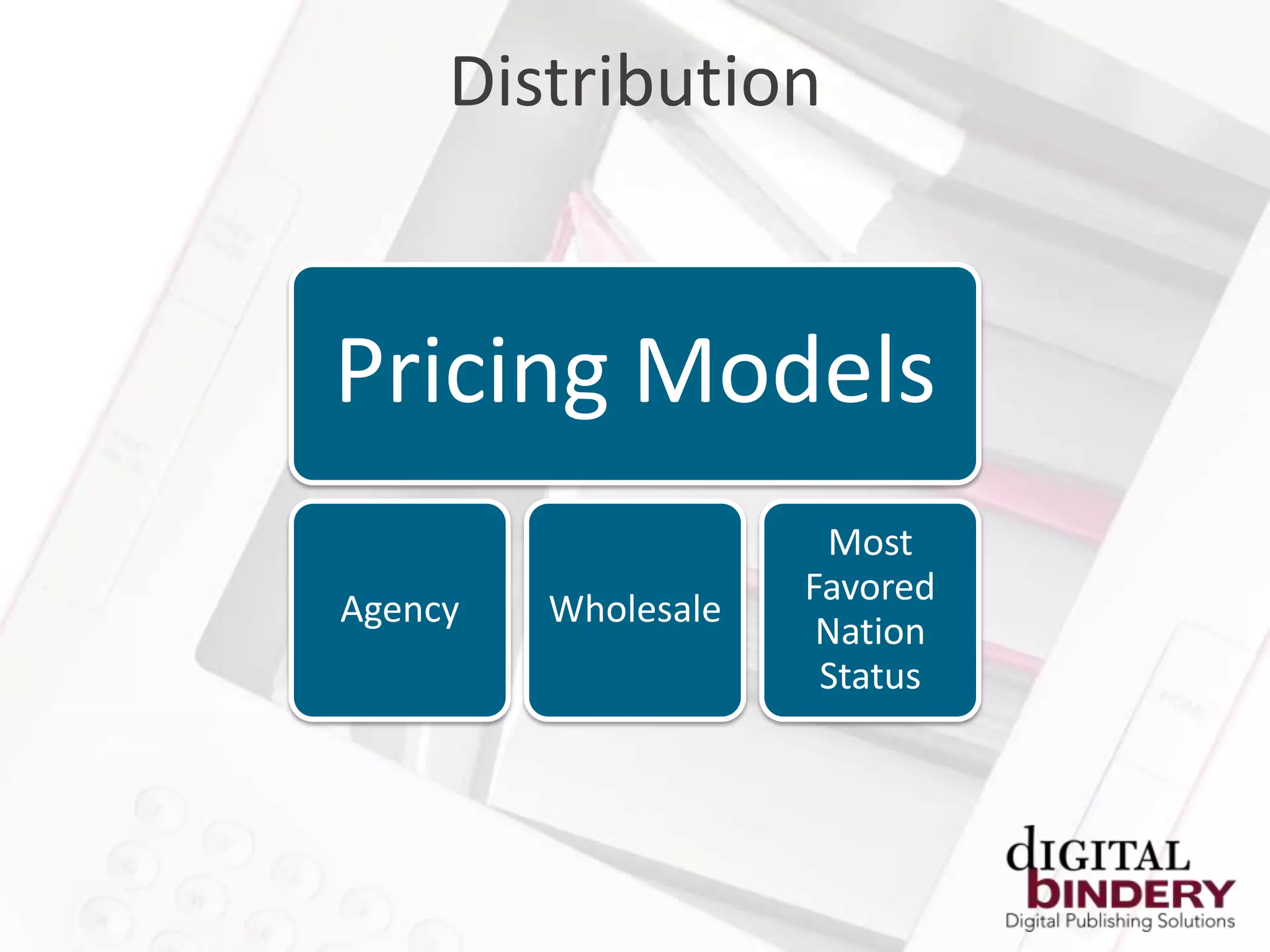 Distribution


Pricing Models
                      Most
                     Favored
Agency   Wholesale
                      Nation
                      Status
 