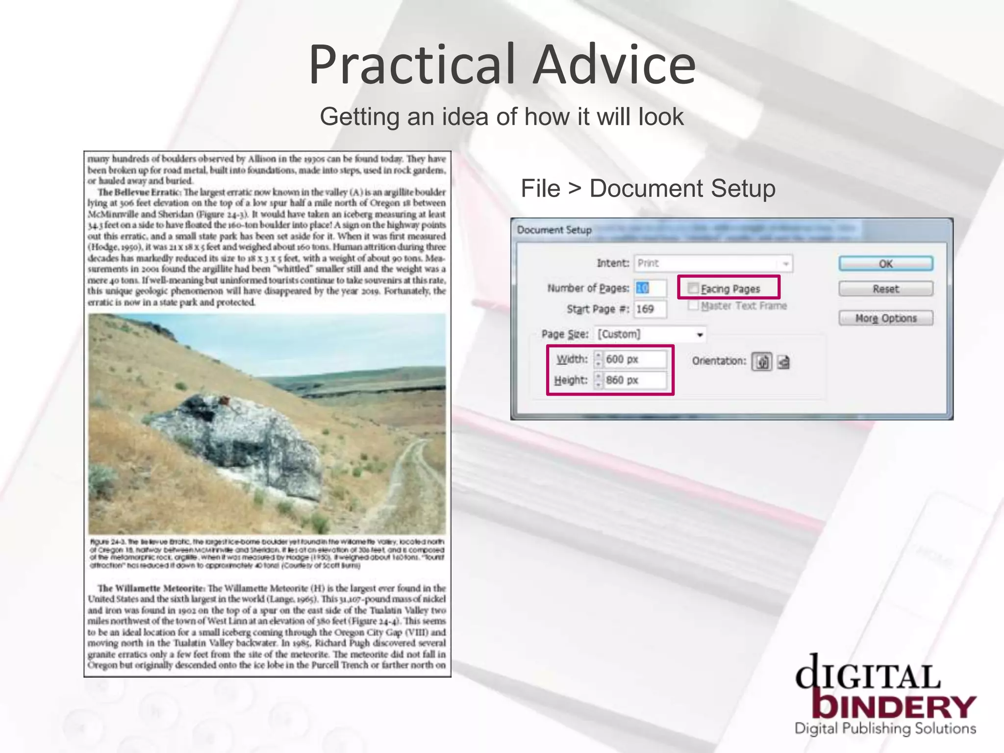 Practical Advice
Getting an idea of how it will look

                   File > Document Setup
 