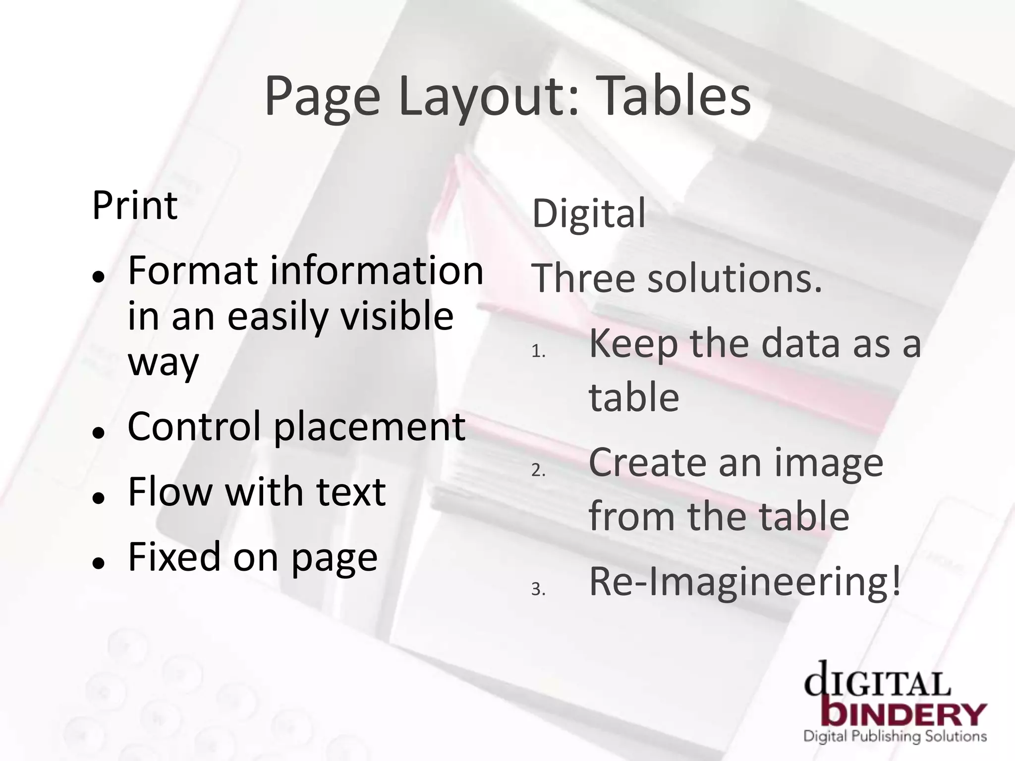 Page Layout: Tables
Print                    Digital
 Format information     Three solutions.
  in an easily visible
  way                    1. Keep the data as a
                            table
 Control placement
                         2. Create an image
 Flow with text
                            from the table
 Fixed on page
                         3. Re-Imagineering!
 