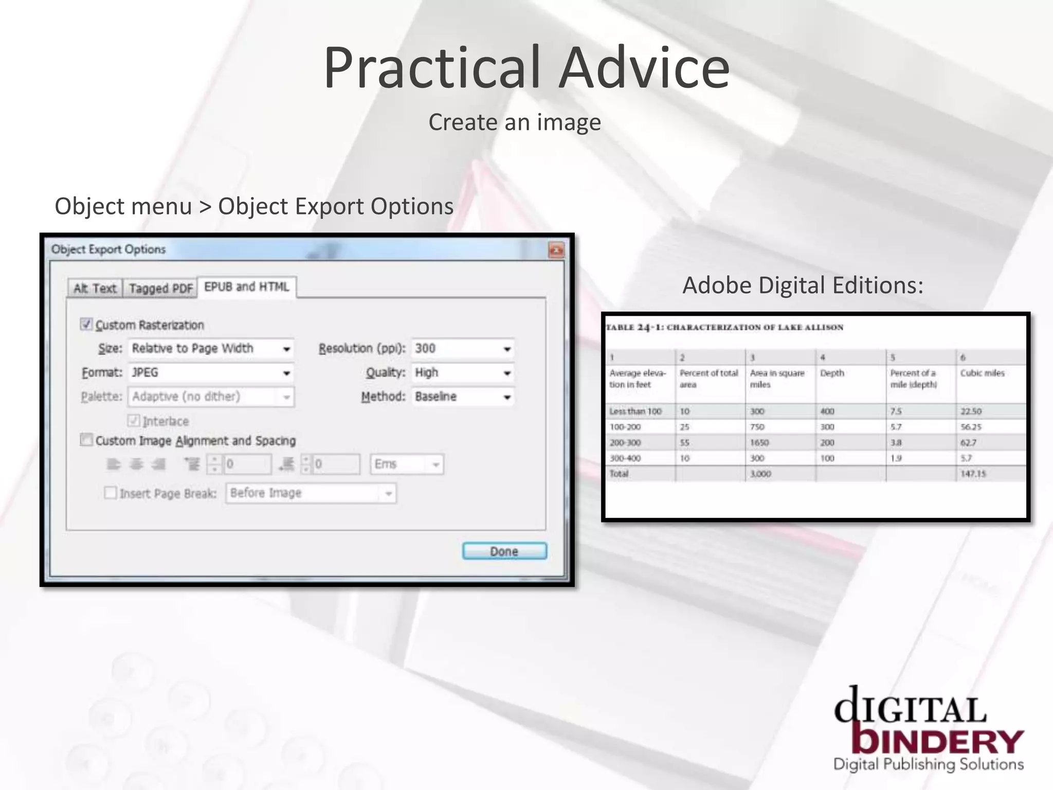 Practical Advice
                                Create an image


Object menu > Object Export Options


                                                  Adobe Digital Editions:
 