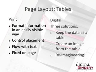 Page Layout: Tables
Print                    Digital
 Format information     Three solutions.
  in an easily visible
  way                    1. Keep the data as a
                            table
 Control placement
                         2. Create an image
 Flow with text
                            from the table
 Fixed on page
                         3. Re-Imagineering!
 