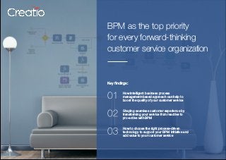 BPM as the top priority
for every forward-thinking
customer service organization
Key findings:
How intelligent business process
management-based approach can help to
boost the quality of your customer service
How to choose the right process-driven
technology to support your BPM initiative and
add value to your customer service
Shaping seamless customer experience by
transforming your service from reactive to
pro-active with BPM
 
