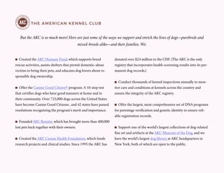 THE AMERICAN KENNEL CLUB
But the AKC is so much more! Here are just some of the ways we support and enrich the lives of dogs—purebreds and
mixed-breeds alike—and their families. We:
n Created the AKC Humane Fund, which supports breed
rescue activities, assists shelters that permit domestic-abuse
victims to bring their pets, and educates dog lovers about re-
sponsible dog ownership.
n Offer the Canine Good Citizen® program: A 10-step test
that certifies dogs who have good manners at home and in
their community. Over 725,000 dogs across the United States
have become Canine Good Citizens , and 42 states have passed
resolutions recognizing the program’s merit and importance.
n Founded AKC Reunite, which has brought more than 400,000
lost pets back together with their owners.
n Created the AKC Canine Health Foundation, which funds
research projects and clinical studies. Since 1995 the AKC has
donated over $24 million to the CHF. (The AKC is the only
registry that incorporates health-screening results into its per-
manent dog records.)
n Conduct thousands of kennel inspections annually to mon-
itor care and conditions at kennels across the country and
ensure the integrity of the AKC registry.
n Offer the largest, most comprehensive set of DNA programs
for parentage verification and genetic identity to ensure reli-
able registration records.
n Support one of the world’s largest collections of dog-related
fine art and artifacts at the AKC Museum of the Dog, and we
have the world’s largest dog library at AKC headquarters in
New York, both of which are open to the public.
 