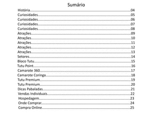 Sumário
História........................................................................................................04
Curiosidades................................................................................................05
Curiosidades................................................................................................06
Curiosidades................................................................................................07
Curiosidades................................................................................................08
Atrações.......................................................................................................09
Atrações.......................................................................................................10
Atrações.......................................................................................................11
Atrações.......................................................................................................12
Atrações.......................................................................................................13
Setores.........................................................................................................14
Bloco Tutu....................................................................................................15
Tutu Point.....................................................................................................16
Camarote 360..............................................................................................17
Camarote Coringa........................................................................................18
Tutu Premium..............................................................................................19
Tutu Premium..............................................................................................20
Dicas Pabaladas...........................................................................................21
Vendas Individuais......................................................................................22
Hospedagem..............................................................................................23
Onde Comprar............................................................................................24
Compra Online...........................................................................................25
 