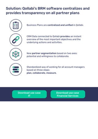 Solution: Qollabi’s BRM software centralizes and
provides transparency on all partner plans
Business Plans are centralized and unified in Qollabi.
CRM Data connected to Qollabi provides an instant
overview of the most important objectives and the
underlying actions and activities.
New partner segmentation based on two axes:
potential and willingness to collaborate.
Standardized way of working for all account managers
based on three steps:
plan, collaborate, measure.
Download use case
IT
Download use case
Financial Services
 
