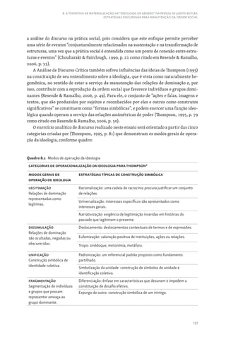 137
8. A TENTATIVA DE MATERIALIZAÇÃO DA “IDEOLOGIA DE GÊNERO” NA PESSOA DE JUDITH BUTLER:
ESTRATÉGIAS DISCURSIVAS PARA MANUTENÇÃO DA ORDEM SOCIAL
a análise do discurso na prática social, pois considera que este enfoque permite perceber
uma série de eventos “conjunturalmente relacionados na sustentação e na transformação de
estruturas, uma vez que a prática social é entendida como um ponto de conexão entre estru-
turas e eventos” (Chouliaraki  Fairclough, 1999, p. 22 como citado em Resende  Ramalho,
2006, p. 33).
A Análise de Discurso Crítica também sofreu influências das ideias de Thompson (1995)
na constituição de seu entendimento sobre a ideologia, que é vista como naturalmente he-
gemônica, no sentido de estar a serviço da manutenção das relações de dominação e, por
isso, contribuir com a reprodução da ordem social que favorece indivíduos e grupos domi-
nantes (Resende  Ramalho, 2006, p. 49). Para ele, o conjunto de “ações e falas, imagens e
textos, que são produzidos por sujeitos e reconhecidos por eles e outros como construtos
significativos” se constituem como “formas simbólicas”, e podem exercer uma função ideo-
lógica quando operam a serviço das relações assimétricas de poder (Thompson, 1995, p. 79
como citado em Resende  Ramalho, 2006, p. 50).
O exercício analítico de discurso realizado neste ensaio será orientado a partir das cinco
categorias criadas por (Thompson, 1995, p. 81) que demonstram os modos gerais de opera-
ção da ideologia, conforme quadro:
Quadro 8.1 Modos de operação da ideologia
Categorias de operacionalização da ideologia para Thompson*
MODOS GERAIS DE
OPERAÇÃO DE IDEOLOGIA
ESTRATÉGIAS TÍPICAS DE CONSTRUÇÃO SIMBÓLICA
Legitimação
Relações de dominação
representadas como
legítimas.
Racionalização: uma cadeia de raciocínio procura justificar um conjunto
de relações.
Universalização: interesses específicos são apresentados como
interesses gerais.
Narrativização: exigência de legitimação inseridas em histórias do
passado que legitimam o presente.
Dissimulação
Relações de dominação
são ocultadas, negadas ou
obscurecidas.
Deslocamento: deslocamentos contextuais de termos e de expressões.
Eufemização: valoração positiva de instituições, ações ou relações.
Tropo: sinédoque, metonímia, metáfora.
Unificação
Construção simbólica de
identidade coletiva.
Padronização: um referencial padrão proposto como fundamento
partilhado.
Simbolização da unidade: construção de símbolos de unidade e
identificação coletiva.
Fragmentação
Segmentação de indivíduos
e grupos que possam
representar ameaça ao
grupo dominante.
Diferenciação: ênfase em características que desunem e impedem a
constituição de desafio efetivo.
Expurgo do outro: construção simbólica de um inimigo.
 