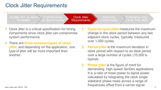 17www.silabs.com  |  eBook  Title  
§ Clock  jitter  is  a  critical  specification  for  timing  
components  since  clock  jitter  can  compromise  
system  performance.  
§ There  are  three  common  types  of  clock  
jitter,  and  depending  on  the  application,  one  
type  of  jitter  will  be  more  important  than  
another.
1. Cycle-­to-­cycle  jitter  measures  the  maximum  
change  in  the  clock  period  between  any  two  
adjacent  clock  cycles,  typically  measured  
over  1,000  cycles.  
2. Period  jitter  is  the  maximum  deviation  in  
clock  period  with  respect  to  an  ideal  period  
over  a  large  number  of  cycles  (10,000  is  
typical).
3. Phase  jitter  is  the  figure  of  merit  for  
demanding,  high-­speed  SerDes applications.  
It  is  a  ratio  of  noise  power  to  signal  power  
calculated  by  integrating  the  clock  single  
sideband  phase  noise  across  a  range  of  
frequencies  offset  from  a  carrier  signal.
Clock  Jitter  Requirements
Crystal,  XO,  or  Clock  
Generator
Free-­Running  
vs.  Synchronous
Clock  Jitter  
Requirements
Selecting  
Components
Estimating  Total  
Clock  Tree  Jitter
 