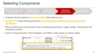20www.silabs.com  |  eBook  Title  
§ Evaluate  devices  based  on  maximum  (MAX) jitter  performance.  
§ Typical  (TYP)  data  sheet  specifications  do  not  guarantee  device  performance  over  all  
conditions.  
§ Device  performance  can  change  across  manufacturing  process,  supply  voltage,  temperature  and  
frequency  variation.  
§ Look  for  comprehensive  “Test  Conditions”  and  MAX  in  data  sheets,  as  shown  below.
Selecting  Components
Crystal,  XO,  or  Clock  
Generator
Free-­Running  
vs.  Synchronous
Clock  Jitter  
Requirements
Selecting  
Components
Estimating  Total  
Clock  Tree  Jitter
MIN TYP MAX
 
