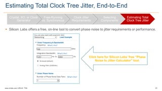 22www.silabs.com  |  eBook  Title  
§ Silicon  Labs  offers  a  free,  on-­line  tool  to  convert  phase  noise  to  jitter  requirements  or  performance.
Estimating  Total  Clock  Tree  Jitter,  End-­to-­End
Click  here  for  Silicon  Labs’  free  “Phase  
Noise  to  Jitter  Calculator”  tool.
Crystal,  XO,  or  Clock  
Generator
Free-­Running  
vs.  Synchronous
Clock  Jitter  
Requirements
Selecting  
Components
Estimating  Total  
Clock  Tree  Jitter
 