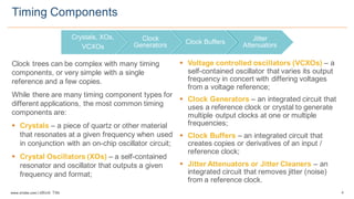 4www.silabs.com  |  eBook  Title  
Clock  trees  can  be  complex  with  many  timing  
components,  or  very  simple  with  a  single  
reference  and  a  few  copies.  
While  there  are  many  timing  component  types  for  
different  applications,  the  most  common  timing  
components  are:
§ Crystals – a  piece  of  quartz  or  other  material  
that  resonates  at  a  given  frequency  when  used  
in  conjunction  with  an  on-­chip  oscillator  circuit;;  
§ Crystal  Oscillators  (XOs)  – a  self-­contained  
resonator  and  oscillator  that  outputs  a  given  
frequency  and  format;;
Timing  Components
Crystals,  XOs,
VCXOs
Clock  
Generators Clock  Buffers
Jitter  
Attenuators
§ Voltage  controlled  oscillators  (VCXOs)  – a  
self-­contained  oscillator  that  varies  its  output  
frequency  in  concert  with  differing  voltages  
from  a  voltage  reference;;
§ Clock  Generators  – an  integrated  circuit  that  
uses  a  reference  clock  or  crystal  to  generate  
multiple  output  clocks  at  one  or  multiple  
frequencies;;  
§ Clock  Buffers  – an  integrated  circuit  that  
creates  copies  or  derivatives  of  an  input  /    
reference  clock;;  
§ Jitter  Attenuators  or  Jitter  Cleaners  – an  
integrated  circuit  that  removes  jitter  (noise)  
from  a  reference  clock.
 
