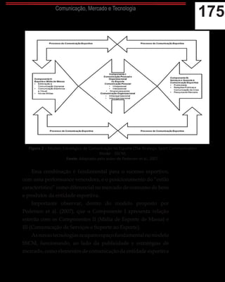 175Comunicação, Mercado e Tecnologia
Essa combinação é fundamental para o sucesso esportivo,
com uma performance vencedora, e o posicionamento do “estilo
característico” como diferencial no mercado de consumo de bens
e produtos da entidade esportiva.
Importante observar, dentro do modelo proposto por
Pedersen et al. (2007), que o Componente I apresenta relação
estreita com os Componentes II (Mídia de Esporte de Massa) e
III (Comunicação de Serviços e Suporte ao Esporte).
As novas tecnologias ocupam espaço fundamental no modelo
SSCM, funcionando, ao lado da publicidade e estratégias de
mercado, como elementos de comunicação da entidade esportiva
Figura 2 – Modelo Estratégico de Comunicação no Esporte (The Strategic Sport Communication
Model - SSCM)
Fonte: Adaptado pelo autor de Pedersen et al., 2007.
 