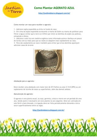 Como Plantar AGERATO AZUL
http://jardimdaterra.blogspot.com.br/
Como montar um vaso para receber o agerato:
1 - Adicione argila expandida ou brita no fundo do vaso;
2 - Em cima da argila expandida acrescente a manta de bidim ou manta de poliéster para
filtrar a água e evitar que a terra se infiltre por entre as bolinhas da argila (ou pedras),
entupindo o dreno;
3 - Adicione o solo rico em matéria orgânica como informado acima e desfaça um pouco
do torrão com as mãos para que as raízes se adaptem mais rapidamente ao vaso;
4 - Para dar acabamento ao vaso e também para evitar que ervas daninhas apareçam
adicione casas de árvores
Adubação para o agerato:
Deve receber uma adubação com maior teor de (P) Fósforo ou seja 4-14-8 (NPK) ou um
suplemento de farinha de ossos ou superfosfato, além dos demais adubos.
Manutenção do agerato:
O agerato é uma planta anual, ou seja, germina, cresce e morre em um período de uma
ano. Sendo assim é necessário um novo plantio no ano seguinte. Deve ser cultivada em
solo fértil e bem drenado. A irrigação deve ser feita periodicamente deixando a terra
secar superficialmente entre as regas.
http://jardimdaterra.blogspot.com.br/
 