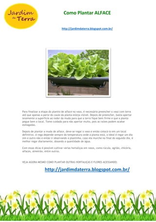 Como Plantar ALFACE
http://jardimdaterra.blogspot.com.br/
Para finalizar a etapa do plantio de alface no vaso, é necessário preencher o vaso com terra
até que apenas a parte do caule da planta esteja visível. Depois de preencher, basta apertar
levemente a superfície ao redor da muda para que a terra fique bem firme e que a planta
pegue bem o local. Tome cuidado para não apertar muito, pois as raízes podem acabar
esmagadas.
Depois de plantar a muda de alface, deve-se regar o vaso e então colocá-lo em um local
definitivo. A rega depende sempre da temperatura onde a planta está, o ideal é regar um dia
sim e outro não e então ir observando a plantinha, caso ela murche no final do segundo dia, é
melhor regar diariamente, dosando a quantidade de água.
Com essas dicas é possível cultivar várias hortaliças em vasos, como rúcula, agrião, chicória,
alfaces, almeirão, entre outros.
VEJA AGORA MESMO COMO PLANTAR OUTRAS HORTALIÇAS E FLORES ACESSANDO:
http://jardimdaterra.blogspot.com.br/
 