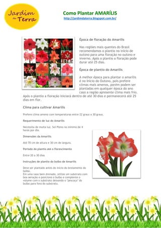 Como Plantar AMARÍLIS
http://jardimdaterra.blogspot.com.br/
Época de floração do Amarílis
Nas regiões mais quentes do Brasil
recomendamos o plantio no início de
outono para uma floração no outono e
inverno. Após o plantio a floração pode
durar até 25 dias.
Época de plantio do Amarílis
A melhor época para plantar o amarílis
é no Início do Outono, pois prefere
climas mais amenos, porém podem ser
plantadas em qualquer época do ano
caso a região apresente clima mais frio.
Após o plantio a floração iniciará dentro de até 30 dias e permanecerá até 25
dias em flor.
Clima para cultivar Amarílis
Prefere clima ameno com temperaturas entre 22 graus a 30 graus.
Requerimento de luz do Amarílis
Necessita de muita luz. Sol Pleno no mínimo de 4
horas por dia.
Dimensões da Amarílis
Até 70 cm de altura e 30 cm de largura.
Período do plantio até o florescimento
Entre 20 a 30 dias
Instruções de plantio do bolbo de Amarílis
Deve ser plantado antes do início do brotamento do
bolbo.
Em uma vaso bem drenado, utilize um substrato com
boa aeração e posicione o bulbo e complente o
volume com o substrato deixando o "pescoço" do
bulbo para fora do substrato.
 
