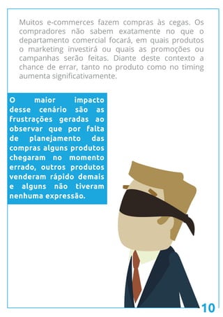 10
Muitos e-commerces fazem compras às cegas. Os
compradores não sabem exatamente no que o
departamento comercial focará, em quais produtos
o marketing investirá ou quais as promoções ou
campanhas serão feitas. Diante deste contexto a
chance de errar, tanto no produto como no timing
aumenta significativamente.
O maior impacto
desse cenário são as
frustrações geradas ao
observar que por falta
de planejamento das
compras alguns produtos
chegaram no momento
errado, outros produtos
venderam rápido demais
e alguns não tiveram
nenhuma expressão.
 