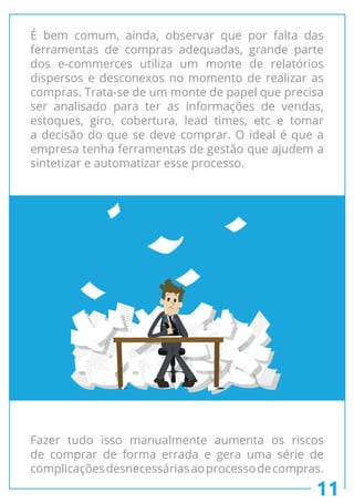 11
É bem comum, ainda, observar que por falta das
ferramentas de compras adequadas, grande parte
dos e-commerces utiliza um monte de relatórios
dispersos e desconexos no momento de realizar as
compras. Trata-se de um monte de papel que precisa
ser analisado para ter as informações de vendas,
estoques, giro, cobertura, lead times, etc e tomar
a decisão do que se deve comprar. O ideal é que a
empresa tenha ferramentas de gestão que ajudem a
sintetizar e automatizar esse processo.
Fazer tudo isso manualmente aumenta os riscos
de comprar de forma errada e gera uma série de
complicaçõesdesnecessáriasaoprocessodecompras.
 