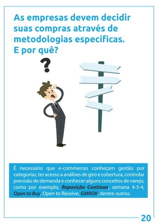 20
As empresas devem decidir
suas compras através de
metodologias especificas.
E por quê?
É necessário que e-commerces conheçam gestão por
categorias,teracessoaanálisesdegiroecobertura,controlar
previsão de demanda e conhecer alguns conceitos de varejo,
como por exemplo, Reposição Contínua, semana 4-5-4,
Open to Buy, Open to Receive, GMROII, dentre outros.
 