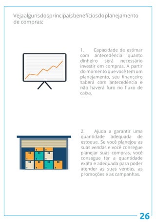 26
Vejaalgunsdosprincipaisbenefíciosdoplanejamento
de compras:
1.	 Capacidade de estimar
com antecedência quanto
dinheiro será necessário
investir em compras. A partir
do momento que você tem um
planejamento, seu financeiro
saberá com antecedência e
não haverá furo no fluxo de
caixa.
2.	 Ajuda a garantir uma
quantidade adequada de
estoque. Se você planejou as
suas vendas e você consegue
planejar suas compras, você
consegue ter a quantidade
exata e adequada para poder
atender as suas vendas, as
promoções e as campanhas.
 