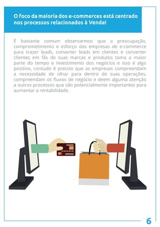 O foco da maioria dos e-commerces está centrado
nos processos relacionados à Venda!
6
É bastante comum observarmos que a preocupação,
comprometimento e esforço das empresas de e-commerce
para trazer leads, converter leads em clientes e converter
clientes em fãs de suas marcas e produtos toma a maior
parte do tempo e investimento dos negócios e isso é algo
positivo, contudo é preciso que as empresas compreendam
a necessidade de olhar para dentro de suas operações,
compreendam os fluxos de negócio e deem alguma atenção
a outros processos que são potencialmente importantes para
aumentar a rentabilidade.
 