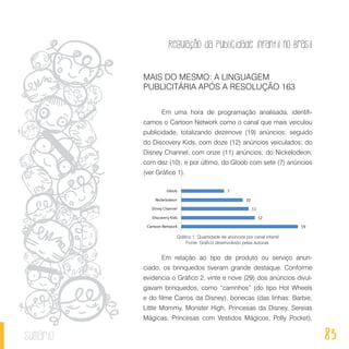 Regulação da publicidade infantil no Brasil
83sumário
MAIS DO MESMO: A LINGUAGEM
PUBLICITÁRIA APÓS A RESOLUÇÃO 163
Em uma hora de programação analisada, identifi-
camos o Cartoon Network como o canal que mais veiculou
publicidade, totalizando dezenove (19) anúncios; seguido
do Discovery Kids, com doze (12) anúncios veiculados; do
Disney Channel, com onze (11) anúncios; do Nickelodeon,
com dez (10); e por último, do Gloob com sete (7) anúncios
(ver Gráfico 1).
Gráfico 1: Quantidade de anúncios por canal infantil
Fonte: Gráfico desenvolvido pelas autoras.
Em relação ao tipo de produto ou serviço anun-
ciado, os brinquedos tiveram grande destaque. Conforme
evidencia o Gráfico 2, vinte e nove (29) dos anúncios divul-
gavam brinquedos, como “carrinhos” (do tipo Hot Wheels
e do filme Carros da Disney), bonecas (das linhas: Barbie,
Little Mommy, Monster High, Princesas da Disney, Sereias
Mágicas, Princesas com Vestidos Mágicos, Polly Pocket),
 