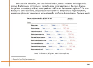 Vale destacar, entretanto, que uma mesma notícia, como a referente à divulgação do
motivo de eliminação no Enem, por exemplo, pode gerar repercussões das mais diversas
(negativas, neutras ou positivas), como pode-se verificar na ferramenta Amplicate6. Em uma
busca pelo termo estudante, os resultados indicaram 94% de referências negativas (hate),
quadro que piorou ao buscarmos o termo educação, conforme demonstram as figuras a seguir.




                                 Fonte: Elaboração própria a partir de Amplicate




                                 Fonte: Elaboração própria a partir de Amplicate


6 Disponível em http://amplicate.com


                                                                                      100
 