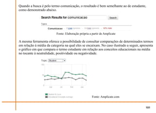 Quando a busca é pelo termo comunicação, o resultado é bem semelhante ao de estudante,
como demonstrado abaixo.




                          Fonte: Elaboração própria a partir de Amplicate

A mesma ferramenta oferece a possibilidade de consultar comparações de determinados termos
em relação à média da categoria na qual eles se encaixam. No caso ilustrado a seguir, apresenta
o gráfico em que compara o termo estudante em relação aos conceitos educacionais na média
no tocante à neutralidade, positividade ou negatividade.




                                                      Fonte: Amplicate.com


                                                                                         101
 