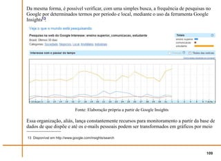 Da mesma forma, é possível verificar, com uma simples busca, a frequência de pesquisas no
Google por determinados termos por período e local, mediante o uso da ferramenta Google
Insights13
         .




                             Fonte: Elaboração própria a partir de Google Insights

Essa organização, aliás, lança constantemente recursos para monitoramento a partir da base de
dados de que dispõe e até os e-mails pessoais podem ser transformados em gráficos por meio

13 Disponível em http://www.google.com/insights/search



                                                                                        109
 