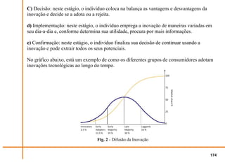 C) Decisão: neste estágio, o indivíduo coloca na balança as vantagens e desvantagens da
inovação e decide se a adota ou a rejeita.

d) Implementação: neste estágio, o indivíduo emprega a inovação de maneiras variadas em
seu dia-a-dia e, conforme determina sua utilidade, procura por mais informações.

e) Confirmação: neste estágio, o indivíduo finaliza sua decisão de continuar usando a
inovação e pode extrair todos os seus potenciais.

No gráfico abaixo, está um exemplo de como os diferentes grupos de consumidores adotam
inovações tecnológicas ao longo do tempo.




                                  Fig. 2 - Difusão da Inovação


                                                                                          174
 