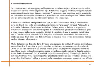 Falando com seu cliente

Se compararmos o microblogging ao blog comum, percebemos que o primeiro atende mais a
necessidade de uma comunicação mais ágil. Este tipo de blogging limita as postagens menores
e, consequentemente, mais focadas e sucintas. A vantagem é que o gasto de tempo na geração
de conteúdo e informações é bem menor, permitindo aos usuários compartilhar links de vídeos
que ele considere relevante ou interessante para os seus seguidores.

Rede social criada em 2006 pela ObviusCorp., de São Francisco nos EUA, é relativamente
nova no Brasil, pois só há aproximadamente 2 anos que “emplacou” por aqui. Antes dele, a
rede social Orkut era a favorita dos brasileiros. Embora jovem, o Twitter, vem ganhando
notoriedade e associados com muita rapidez. A “Twittermania” já está alcançando muita gente
e o seu espaço, inclusive, no marketing digital, já é um fato. A rede já alcançou mais tráfego
que o Youtube e Orkut, cerca de 56%. Pesquisas revelam que o usuário do Twitter tem em
média de idade de 39 anos. Isso demonstra que as mídias e redes sociais alcançaram o público
adulto, além dos adolescentes.

O site de tecnologia do portal Terra divulgou uma pesquisa do Instituto Sysomos, especializado
em análises de redes sociais, segundo a qual os brasileiros representavam, em dezembro de
2010, 8% do total de usuários do Twitter, contra apenas 2% registrados em junho do mesmo
ano. Deste modo, os brasileiros representam a segunda população mais ativa da rede social, a
frente da Grã-Bretanha (7,2%), Canadá (4,3%) e Alemanha (2,49%). Na avaliação do site de
notícias ReadWrite Web, o estudo aponta o grande crescimento da rede social nos últimos seis
meses fora dos Estados Unidos, já que em junho passado os americanos representavam 62% do


                                                                                           72
 