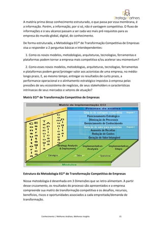 A matéria prima desse conhecimento estruturado, o que passa por essa membrana, é
a informação. Porém, a informação, por si só, não é vantagem competitiva. O fluxo de
informações e o seu alcance passam a ser cada vez mais pré-requisitos para as
empresa do mundo global, digital, do conhecimento.

De forma estruturada, a Metodologia ECi® de Transformação Competitiva de Empresas
visa a responder a 2 perguntas básicas e interdependentes:

  1. Como os novos modelos, metodologias, arquiteturas, tecnologias, ferramentas e
plataformas podem tornar a empresa mais competitiva e/ou acelerar seu momentum?

  2. Como esses novos modelos, metodologias, arquiteturas, tecnologias, ferramentas
e plataformas podem gerar/proteger valor aos acionistas de uma empresa, no médio-
longo prazo, E, ao mesmo tempo, entregar os resultados de curto prazo, a
performance operacional e o alinhamento estratégico impostos à empresa pelas
pressões de seu ecossistema de negócios, de seus stakeholders e características
intrínsecas de seus mercados e setores de atuação?

Matriz ECi® de Transformação Competitiva de Empresas




Estrutura da Metodologia ECi® de Transformação Competitiva de Empresas

Nossa metodologia é desenhada em 3 Dimensões que se retro-alimentam. A partir
desse cruzamento, os resultados do processo são apresentados e a empresa
compreende sua matriz de transformação competitiva e os desafios, recursos,
benefícios, riscos e oportunidades associados a cada empreitada/demanda de
transformação.




             Conhecimento | Melhores Análises, Melhores Insights      15
 