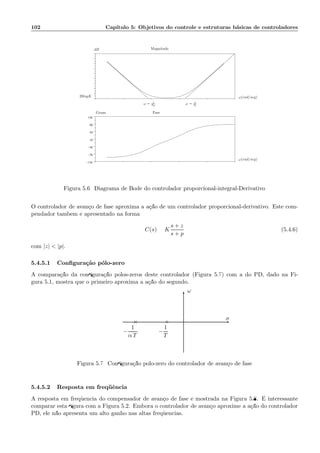 102 Cap´ıtulo 5: Objetivos do controle e estruturas b´asicas de controladores
.
−110
−70
−30
10
50
90
130
.
ω = 1
TD
ω = 1
TI
ω(rad/seg)
ω(rad/seg)
Magnitude
Fase
dB
Graus
20logK
Figura 5.6: Diagrama de Bode do controlador proporcional-integral-Derivativo
O controlador de avan¸co de fase aproxima a a¸c˜ao de um controlador proporcional-derivativo. Este com-
pendador tamb´em ´e apresentado na forma
C(s) = K
s + z
s + p
(5.4.6)
com |z|  |p|.
5.4.5.1 Conﬁgura¸c˜ao p´olo-zero
A compara¸c˜ao da conﬁgura¸c˜ao p´olos-zeros deste controlador (Figura 5.7) com a do PD, dado na Fi-
gura 5.1, mostra que o primeiro aproxima a a¸c˜ao do segundo.
ω
σ
×
−
1
α T
◦
−
1
T
Figura 5.7: Conﬁgura¸c˜ao p´olo-zero do controlador de avan¸co de fase
5.4.5.2 Resposta em freq¨uˆencia
A resposta em freq¨uˆencia do compensador de avan¸co de fase ´e mostrada na Figura 5.8. ´E interessante
comparar esta ﬁgura com a Figura 5.2. Embora o controlador de avan¸co aproxime a a¸c˜ao do controlador
PD, ele n˜ao apresenta um alto ganho nas altas freq¨uˆencias.
 