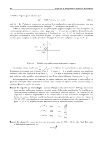 30 Cap´ıtulo 3: Resposta de sistemas de controle
Portanto a resposta pode ser dada por
y(t) = K(Meσt
cos(ωpt + φ) + E) (3.3.18)
onde M = 2ρ. Portanto a resposta de um sistema de segunda ordem, com p´olos complexos, tem uma
componente senoidal, com uma envolt´oria dada por eσt. A freq¨uˆencia da sen´oide ´e ωp.
Verﬁca-se ent˜ao uma associa¸c˜ao entre a posi¸c˜ao dos p´olos no plano complexo e a forma da resposta. Os
p´olos complexos podem ser expressos como −ζωn ±jωn 1 − ζ2, onde ζ ´e o coeﬁciente de amortecimento
e ωn ´e a freq¨uˆencia natural de amortecimento. A freq¨uˆencia ωp = ωn 1 − ζ2 ´e a freq¨uˆencia natural da
oscila¸c˜ao e corresponde `a parte imagin´aria do p´olo. A Figura 3.1 mostra a rela¸c˜ao entre a posi¸c˜ao dos
p´olos no plano complexo e aquelas grandezas. O ˆangulo θ mostrado na ﬁgura ´e tal que cos θ = ζ.
×
−ζωn
ωp
ωncos θ = ζ
θ
Figura 3.1: Rela¸c˜ao entre p´olos e caracter´ısticas da resposta
Um simples c´alculo mostra que
σ
ωp
= ζ√
1−ζ2
. O coeﬁciente de amortecimento ´e uma indica¸c˜ao do
decaimento da resposta com o tempo. Para ζ = 0 tem-se σ = 0, a sen´oide mantem uma amplitude
constante, com uma freq¨uˆencia de oscila¸c˜ao ωp = ωn. Ou seja, a freq¨uˆencia natural ´e a freq¨uˆencia na
qual o sistema oscila quando o amortecimento ´e zero. Para baixos valores de ζ tem-se que ζ ≈
σ
ωp
.
Algumas ﬁguras de m´erito s˜ao deﬁnidas, do mesmo modo que para sistemas de primeira ordem, as
quais d˜ao indica¸c˜oes sobre a resposta do sistema. Para sistemas de segunda ordem, subamortecidos, as
seguintes ﬁguras de m´erito s˜ao usadas:
Tempo de resposta ou acomoda¸c˜ao : mesma deﬁni¸c˜ao usada anteriormente. O tempo de resposta
pode ser dado na forma de ´abacos ou calculado atrav´es de f´ormulas aproximadas. As f´ormulas apro-
ximadas usam a envolt´oria da resposta para determinar o tempo de resposta. Da Equa¸c˜ao (3.3.18)
segue que o desvio da resposta ﬁnal E do sistema deve-se a uma exponencial multiplicada pelo
termo em coseno. Podemos considerar, fazendo uma aproxima¸c˜ao, que os tempos de resposta a
1%, 2% e 5%, correspondem ao tempos em que a exponencial passa de seu valor m´aximo em t = 0
para 1%, 2% e 5%, respectivamente. Obtem-se assim os seguintes tempos de resposta:
e−ζωntr1% = 0.01 =: tr1%
=
4.6
ζωn
e−ζωntr2% = 0.02 =: tr2%
=
3.9
ζωn
e−ζωntr5% = 0.05 =: tr5%
=
3.0
ζωn
Tempo de subida ´E o tempo que leva para a resposta variar de 10% a 90% do valor ﬁnal. Este valor
´e dado aaproximadamente por
ts ≈
1.8
ωn
 