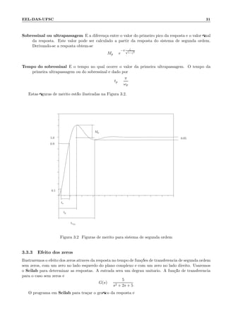 EEL-DAS-UFSC 31
Sobressinal ou ultrapassagem ´E a diferen¸ca entre o valor do primeiro pico da resposta e o valor ﬁnal
da resposta. Este valor pode ser calculado a partir da resposta do sistema de segunda ordem.
Derivando-se a resposta obtem-se
Mp = e
−π ζ√
1−ζ2
Tempo do sobressinal ´E o tempo no qual ocorre o valor da primeira ultrapassagem. O tempo da
primeira ultrapassagem ou do sobressinal ´e dado por
tp =
π
ωp
Estas ﬁguras de m´erito est˜ao ilustradas na Figura 3.2.
0.1
0.9
1.0
tp
ts
tr5%
Mp
0.05
Figura 3.2: Figuras de m´erito para sistema de segunda ordem
3.3.3 Efeito dos zeros
Ilustraremos o efeito dos zeros atrav´es da resposta no tempo de fun¸c˜oes de transferˆencia de segunda ordem
sem zeros, com um zero no lado esquerdo do plano complexo e com um zero no lado direito. Usaremos
o Scilab para determinar as respostas. A entrada ser´a um degrau unit´ario. A fun¸c˜ao de transferˆencia
para o caso sem zeros ´e
G(s) =
5
s2 + 2s + 5
O programa em Scilab para tra¸car o gr´aﬁco da resposta ´e
 