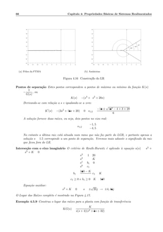 66 Cap´ıtulo 4: Propriedades B´asicas de Sistemas Realimentados
−28 −24 −20 −16 −12 −8 −4 0 4 8 12
−30
−20
−10
0
10
20
30
40
50
×××
(a) P´olos da FTMA
−28 −24 −20 −16 −12 −8 −4 0 4 8 12
−30
−20
−10
0
10
20
30
40
50
×××
300◦
180◦
60◦
(b) Ass´ıntotas
Figura 4.16: Constru¸c˜ao do LR
Pontos de separa¸c˜ao Estes pontos correspondem a pontos de m´aximo ou m´ınimo da fun¸c˜ao K(s) =
−
1
G(s)
, ou
K(s) = −(s3
+ 9s2
+ 20s)
Derivando-se com rela¸c˜ao a s e igualando-se a zero:
K′
(s) = −(3s2
+ 18s + 20) = 0 : s1,2 =
−18 ±
√
182 − 4 × 3 × 20
6
A solu¸c˜ao fornece duas ra´ızes, ou seja, dois pontos no eixo real:
s1,2 =
−1, 5
−4, 5
No entanto a ´ultima raiz est´a situada num ramo que n˜ao faz parte do LGR, e portanto apenas a
solu¸c˜ao s = 1.5 corresponde a um ponto de separa¸c˜ao. Veremos mais adiante o signiﬁcado da raiz
que ﬁcou fora do LR.
Interse¸c˜ao com o eixo imagin´ario O crit´erio de Routh-Hurwitz ´e aplicado `a equa¸c˜ao a(s) = s3 +
9s2 + K = 0
s3
s2
s1
s0
1 20
9 K
b1 0
c1
b1 =
180 − K
9
c1 = K
c1 ≥ 0 e b1 ≥ 0 : K = 180
Equa¸c˜ao auxiliar:
9s2 + K = 0 : s = ±
√
20j → ±4, 48j
O Lugar das Ra´ızes completo ´e mostrado na Figura 4.17.
Exemplo 4.5.9 Construa o lugar das ra´ızes para a planta com fun¸c˜ao de transferˆencia
KG(s) =
K
s(s + 4)(s2 + 8s + 32)
 