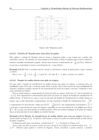 78 Cap´ıtulo 4: Propriedades B´asicas de Sistemas Realimentados
−0.3 −0.1 0.1 0.3 0.5 0.7 0.9 1.1 1.3
−0.7
−0.5
−0.3
−0.1
0.1
0.3
0.5
0.7
−0.3 −0.1 0.1 0.3 0.5 0.7 0.9 1.1 1.3
−0.7
−0.5
−0.3
−0.1
0.1
0.3
0.5
0.7
−100
−0.162
−0.076
−0.047
−0.021
0.002
0.025
0.051
0.080
0.119
0.178
Nyquist plot
Re(h(2i*pi*f))
Im(h(2i*pi*f))
Figura 4.32: Diagrama polar
4.5.5.2 Crit´erio de Nyquist para uma faixa de ganho
Para aplicar o crit´erio de Nyquist, deve-se tra¸car o diagrama polar, o que requer que o ganho seja
conhecido a priori. No entanto, `as vezes deseja-se determinar a faixa de ganhos para a qual o sistema ´e
inst´avel, sem ﬁxar inicialmente o ganho. Nestes casos testa-se o envolvimento de −
1
K
por G(s). Observa-
se que isto ´e equivalente a testar o envolvimento de −1 por KG(s).
Exemplo 4.5.13 Para o exemplo anterior deseja-se determinar a faixa de ganho para o qual o sistema
´e est´avel.
Deve-se ter: −
1
K
 0 ou −
1
K
 1 (para K  0), logo K  −1 para o sistema ser est´avel.
4.5.5.3 Fun¸c˜ao de malha aberta com p´olo na origem
No caso onde a fun¸c˜ao de transferˆencia de malha aberta tem p´olos na origem, o contorno deve ser
modiﬁcado, para evitar que o contorno passe sobre os p´olos. Isto ´e feito atrav´es de uma modiﬁca¸c˜ao do
contorno, pr´oximo `a origem, atrav´es de um semi-c´ırculo em torno da origem, com raio ǫ tendendo a zero,
como mostrado na Figura.
Deve-se ent˜ao mapear o semi-c´ırculo em torno do p´olo na origem, dado por ǫeθ, com θ variando de
−π
2 a π
2 . Este mapeamento ´e determinado pelo p´olo (ou p´olos) na origem da fun¸c˜ao de transferˆencia de
malha aberta. ´E f´acil de ver, para o caso de um p´olo da fun¸c˜ao de transferˆencia de malha aberta na
origem, que o p´olo determina o mapeamento, ou seja, supondo a fun¸c˜ao de transferˆencia G(s) =
1
s
G′,
o mapeamento do semi-c´ırculo ´e dado por G(ǫeθ) =
1
ǫeθ
G′(ǫeθ), este mapeamento corresponde a
1
ǫ
e−θ,
e portanto o semi-c´ırculo em torno da origem ´e mapeado em um semi-c´ırculo de raio inﬁnito que vai de
pi
2 a −pi
2 , ou seja, um semi-c´ırculo no sentido hor´ario. Para um n´umero qualquer p de p´olos na origem,
tem-se p semi-c´ırculos de raio inﬁnito no sentido hor´ario.
Exemplo 4.5.14 Fun¸c˜ao de transferˆencia de malha aberta com zero na origem Considere o
sistema dado na Figura 4.34. O objetivo ´e determinar o n´umero de p´olos de malha fechada no lado direito
do plano complexo.
O diagrama polar para esta fun¸c˜ao, considerando K = 1, ´e mostrado na Figura 4.35
Como existe um p´olo na origem, temos um semi-c´ırculo de raio inﬁnito no sentido hor´ario, de ω = 0−
a ω0+. Podemos agora aplicar o crit´erio de Nyquist. Vamos considerar o ganho vari´avel, e portanto
 