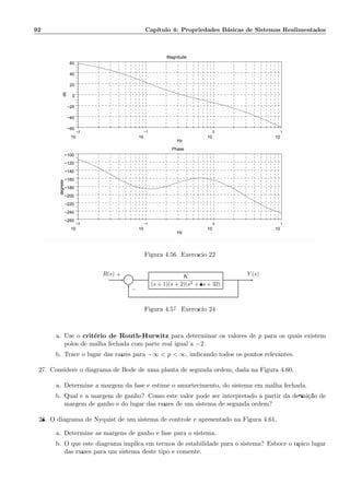 92 Cap´ıtulo 4: Propriedades B´asicas de Sistemas Realimentados
−2
10
−1
10
0
10
1
10
−60
−40
−20
0
20
40
60
Magnitude
Hz
db
−2
10
−1
10
0
10
1
10
−260
−240
−220
−200
−180
−160
−140
−120
−100
Phase
Hz
degrees
Figura 4.56: Exerc´ıcio 22
Σ
K
(s + 1)(s + 2)(s2 + 8s + 32)
R(s) Y (s)+
−
Figura 4.57: Exerc´ıcio 24
a. Use o crit´erio de Routh-Hurwitz para determinar os valores de p para os quais existem
p´olos de malha fechada com parte real igual a −2.
b. Trace o lugar das ra´ızes para −∞  p  ∞, indicando todos os pontos relevantes.
27. Considere o diagrama de Bode de uma planta de segunda ordem, dada na Figura 4.60.
a. Determine a margem da fase e estime o amortecimento, do sistema em malha fechada.
b. Qual ´e a margem de ganho? Como este valor pode ser interpretado a partir da deﬁni¸c˜ao de
margem de ganho e do lugar das ra´ızes de um sistema de segunda ordem?
28. O diagrama de Nyquist de um sistema de controle ´e apresentado na Figura 4.61.
a. Determine as margens de ganho e fase para o sistema.
b. O que este diagrama implica em termos de estabilidade para o sistema? Esboce o t´ıpico lugar
das ra´ızes para um sistema deste tipo e comente.
 