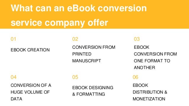 What can an eBook conversion
service company offer
01
EBOOK CREATION
02
CONVERSION FROM
PRINTED
MANUSCRIPT
03
EBOOK
CONVERSION FROM
ONE FORMAT TO
ANOTHER
04
CONVERSION OF A
HUGE VOLUME OF
DATA
05
EBOOK DESIGNING
& FORMATTING
06
EBOOK
DISTRIBUTION &
MONETIZATION
 