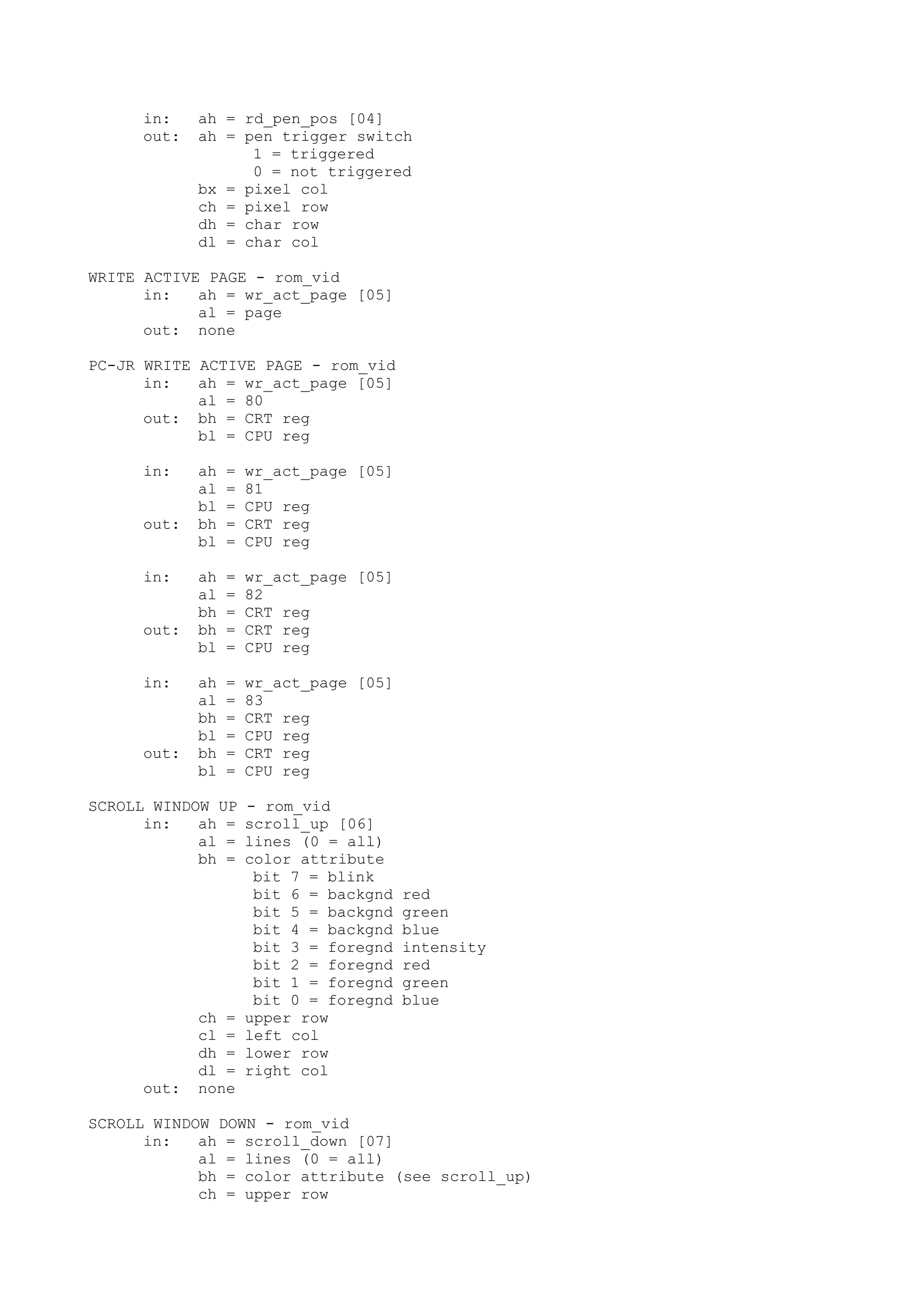 in: ah = rd_pen_pos [04]
out: ah = pen trigger switch
1 = triggered
0 = not triggered
bx = pixel col
ch = pixel row
dh = char row
dl = char col
WRITE ACTIVE PAGE - rom_vid
in: ah = wr_act_page [05]
al = page
out: none
PC-JR WRITE ACTIVE PAGE - rom_vid
in: ah = wr_act_page [05]
al = 80
out: bh = CRT reg
bl = CPU reg
in: ah = wr_act_page [05]
al = 81
bl = CPU reg
out: bh = CRT reg
bl = CPU reg
in: ah = wr_act_page [05]
al = 82
bh = CRT reg
out: bh = CRT reg
bl = CPU reg
in: ah = wr_act_page [05]
al = 83
bh = CRT reg
bl = CPU reg
out: bh = CRT reg
bl = CPU reg
SCROLL WINDOW UP - rom_vid
in: ah = scroll_up [06]
al = lines (0 = all)
bh = color attribute
bit 7 = blink
bit 6 = backgnd red
bit 5 = backgnd green
bit 4 = backgnd blue
bit 3 = foregnd intensity
bit 2 = foregnd red
bit 1 = foregnd green
bit 0 = foregnd blue
ch = upper row
cl = left col
dh = lower row
dl = right col
out: none
SCROLL WINDOW DOWN - rom_vid
in: ah = scroll_down [07]
al = lines (0 = all)
bh = color attribute (see scroll_up)
ch = upper row
 